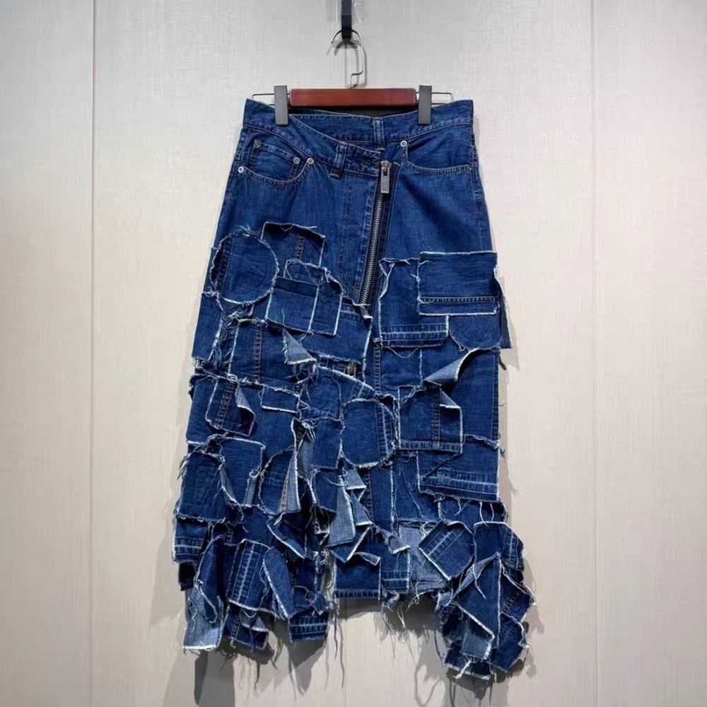🚩steal Authentic Sacai Asymmetrical Blue Patchwork Skirt